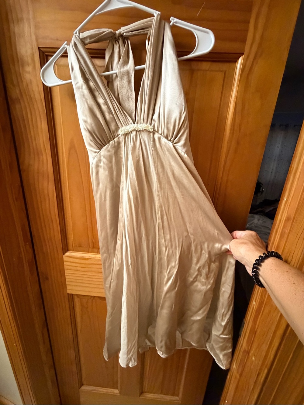 Champagne Satin Halter Cocktail Dress Pearl Empire Waist Open Back